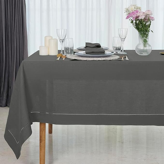 D'Moksha Homes Charcoal Grey Linen Tablecloth 60 x 156 Inch - 100% Pure Linen Grey Tablecloth for Rectangle Tables - Classic Hemstitch, Machine Washable Table Cloth for Spring, Easter