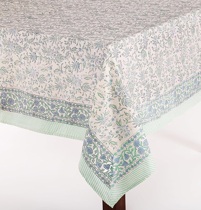 ATOSII Aster Blue 100% Cotton Fall Tablecloth, Handblock Floral Print Rectangle Linen for Kitchen Dining I Parties Weddings Christmas Thanksgiving Easter Outdoors I 72 X 108 Inches I 8 Seater Table