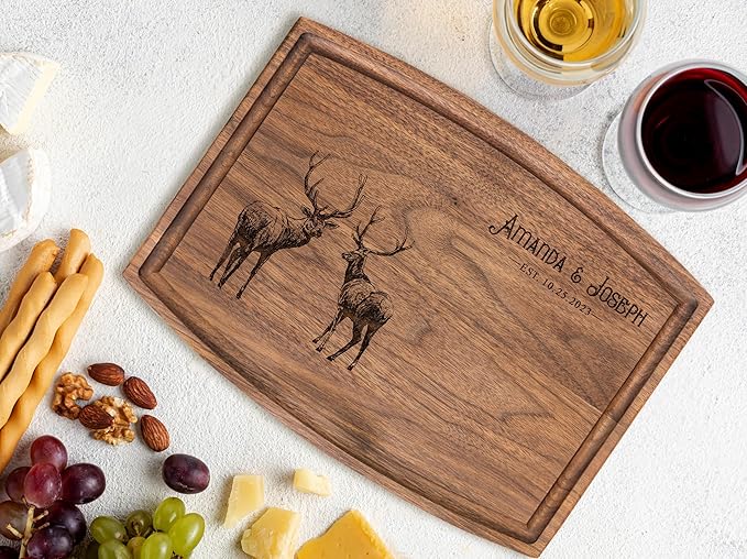 Personalized Cutting Board - Bridal Shower, Newlyweds, Engagement, Anniversary, Housewarming Gifts for Couples - Family Christmas Charcuterie Board (Rustic Elk 040)