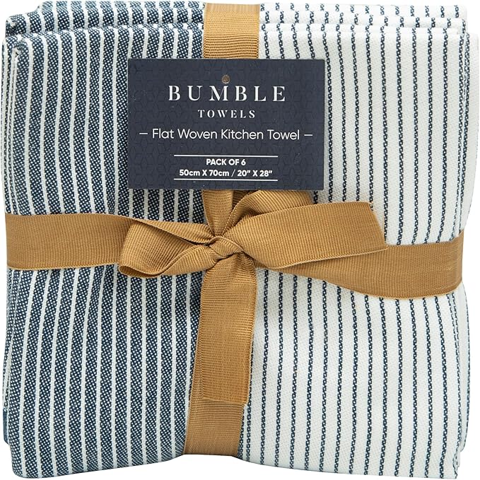 Premium Kitchen Towels (20”x 28”, 6 Pack) | Yarn Dyed Flat Woven Stripe Kitchen Towel Set| 238 GSM | Highly Absorbent with Hanging Loop | Blue