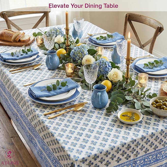 ATOSII Gulbahar Blue 100% Cotton Fall Rectangle Tablecloth, Handblock Print Floral Table Cloth for Kitchen Dining Linen I Thanksgiving Christmas Weddings Outdoors I 72 X 120 Inches I 10 Seater