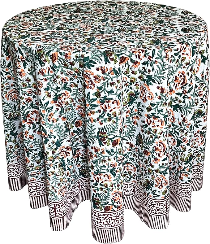 ATOSII Ambrosia Green 100% Cotton Round Tablecloth, Handblock Print Floral Table Cloth for Kitchen Dining Linen I Weddings, Outdoors, Thanksgiving, Christmas I Fall Home Decor I 72" Inches Round