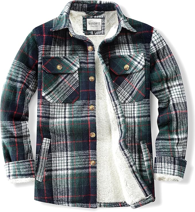 Men's Cotton Sherpa Lined Button Down Flannel Shirt Jacket Plaid Soft Outdoor Flannel Jacket Shirt