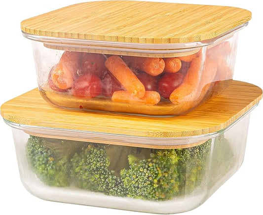 Crutello Glass Storage Containers with Bamboo Lids - Eco-Friendly Non Toxic Meal Prep Jars with Wooden Lid for Fridge and Kitchen Organization - Non Plastic Container for Fruit Bowls 2 Pack