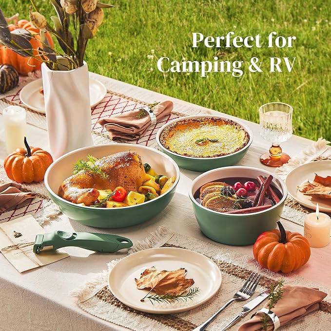 Redchef 16pcs Ceramic Pots and Pans Set Non Stick, Nonstick Ceramic Cookware Set with Detachable Handle, Non Toxic, PFAS PFOA & PTFE Free RV Cookware for Camping, Dishwasher/Oven Safe (Green)