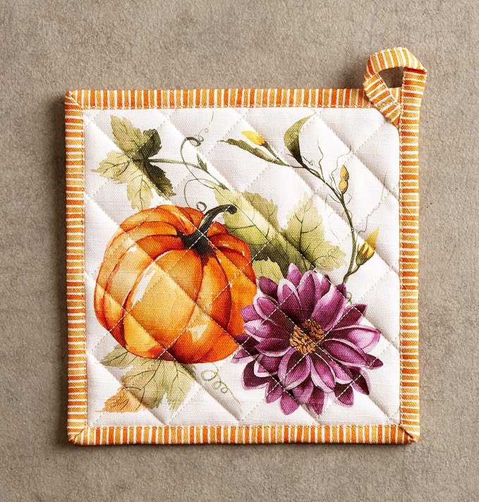 Maison d' Hermine 100% Cotton Oven Mitt & Pot Holder Set (7.5"x13" & 8"x8") Heat Resistant BBQ Cooking Gloves with Loop for Christmas Decorations Handling Hot Pans (Pumpkin Garden - Cloudy Cream)