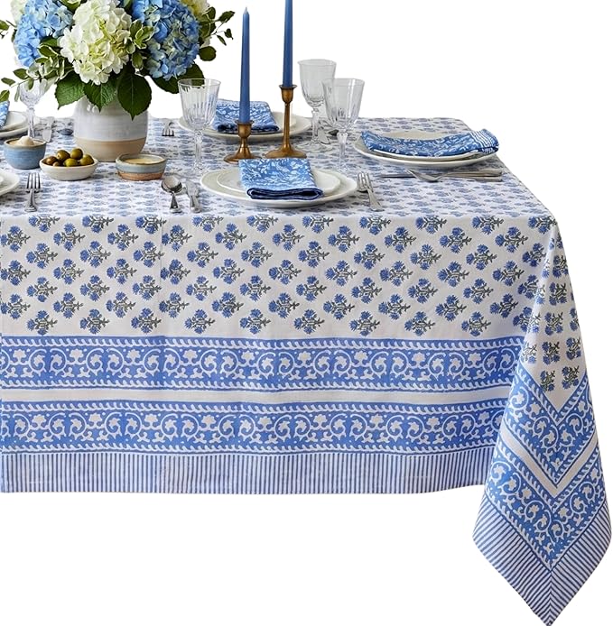 ATOSII Gulbahar Blue 100% Cotton Fall Rectangle Tablecloth, Handblock Print Floral Table Cloth for Kitchen Dining Linen I Thanksgiving Christmas Weddings Outdoors I 72 X 108 Inches I 8 Seater