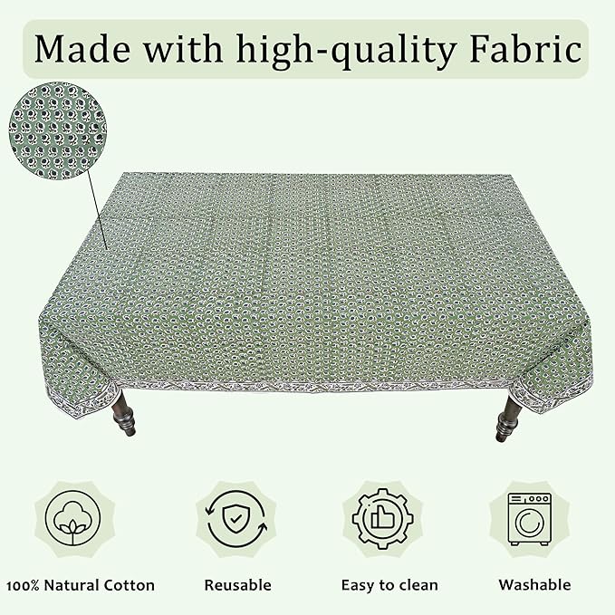 Ridhi Hand Block Print Basil Green Rectangle Cotton Tablecloth 120" x 60" Reusable Table Cover Decorative Everyday Use for Dining, Farmhouse, Home Gift for Spring, Easter, Valentine
