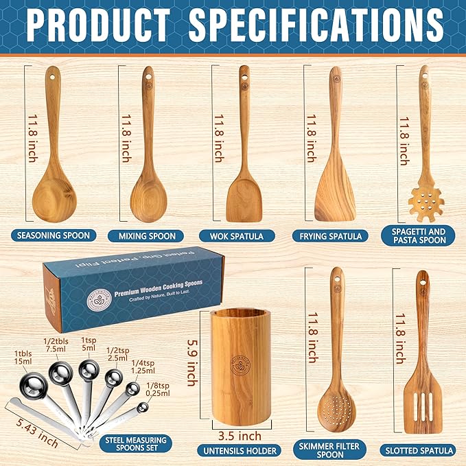 Complete 9-Piece Wooden Kitchen Utensil Set with Holder and Stainless Steel Measuring Spoons - Non-Toxic Wood Spatulas for Cooking, Safe for Non-Stick & Cast Iron Cookware