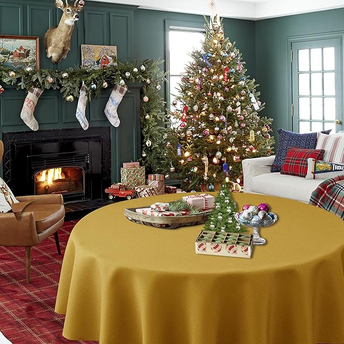 Biscaynebay Textured Fabric Christmas Round Table Cloth 90", Gold Water Resistant Washable Folding Table Covers for Dining, Kitchen, Wedding, Parties Machine Washable