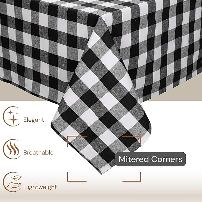 Buffalo Plaid Check 52"x70" Tablecloth 100% Cotton Washable Rustic Rectangle Table Cover Decorative for Gifts, Dining, BBQ, Buffet Parties & Camping - Black