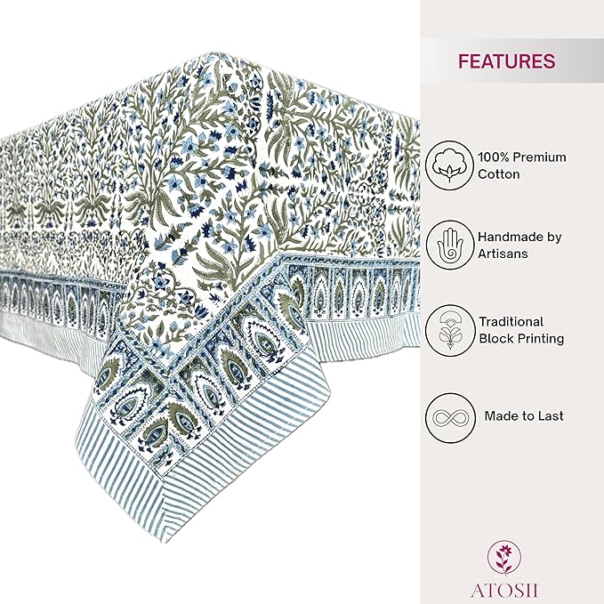 ATOSII Nargis Blue 100% Cotton Rectangle Summer Tablecloth, Indian Block Print Floral Table Cloth I Dining Parties Weddings Outdoors Holidays 60 X 108 Inches 8 Seater I Grandmillennial Farmhouse Boho