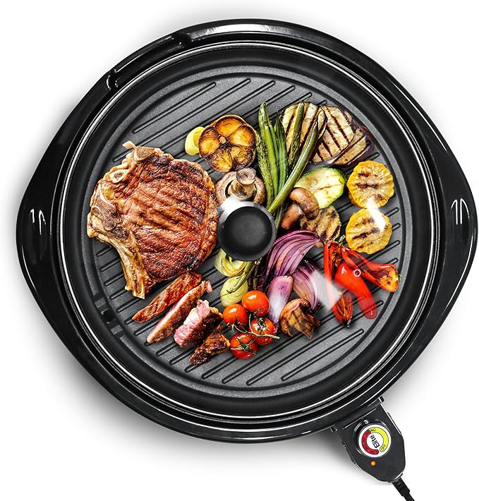Elite Gourmet EMG-980BX Large Indoor Electric Round Nonstick Grill Cool Touch Fast Heat Up Ideal Low-Fat Meals Dishwasher Safe Includes Glass Lid, 14", Black