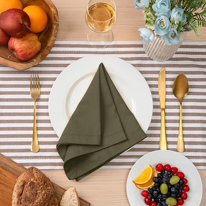 Blue Needles Set of 6 Hemstitch Linen Napkins 100% Cotton Olive Green Cloth Dinner Napkins 18x18 inches, Soft, Reusable, Absorbent, Washable, Ideal for Wedding Events, Parties & Everyday Use