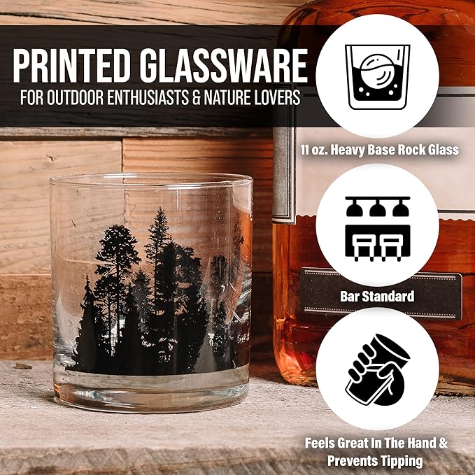 Black Lantern Whiskey Glass Set Forest Landscape Old Fashioned Tumblers for Bourbon, Scotch & Cocktails Nature Inspired 11oz Rocks Glasses for Home Bar & Gifts (Set of 2)