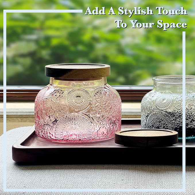 Decorative Pink Glass Storage Jar with Airtight Wooden Lid 40 oz, Vintage Kitchen Canister with Floral Embossed Design, Home Decor Organizer for Pantry, Bathroom, Apothecary, Sand Candle, Vase