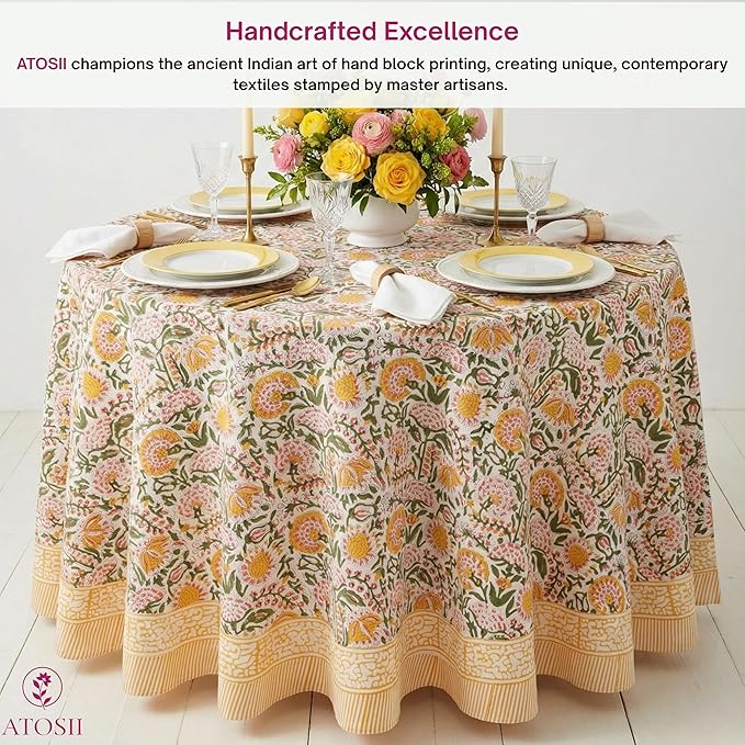 ATOSII Clover Yellow 100% Cotton Round Tablecloth, Handblock Print Floral Table Cloth for Kitchen Dining Linen I Parties, Weddings, Outdoors, Christmas, Thanksgiving I Fall Home Decor 72" Inches Round