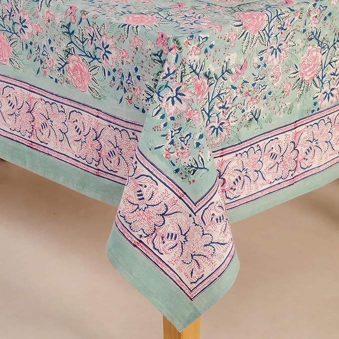 Hand Block Printed Table Cover - Exquisite Design, Premium Cotton Fabric, Perfect for Dining and Decor, Dining Table Linen(Mint Green,10 Seater 72 x 118 Inches Rectangle)