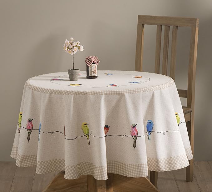 Maison d' Hermine Table Cloth Round Table 100% Cotton 69 Round Inches Tablecloth Reusable Decorative for Dining Room Farmhouse Home Valentines Day Decorations Spring Summer - Birdies on Wire