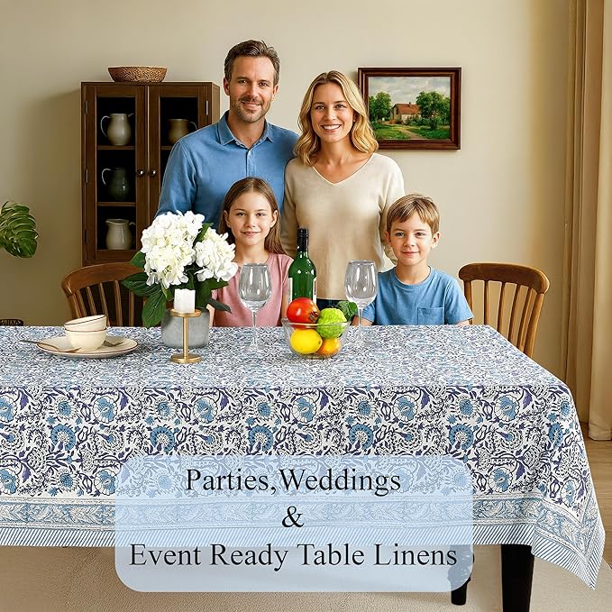 CPC Cotton Tablecloth 80x120 Inch Rectangle Indian Block Print Tablecloth- Blue Washable Wedding Table Cover for Thanksgiving/Christmas- Indigo Blue