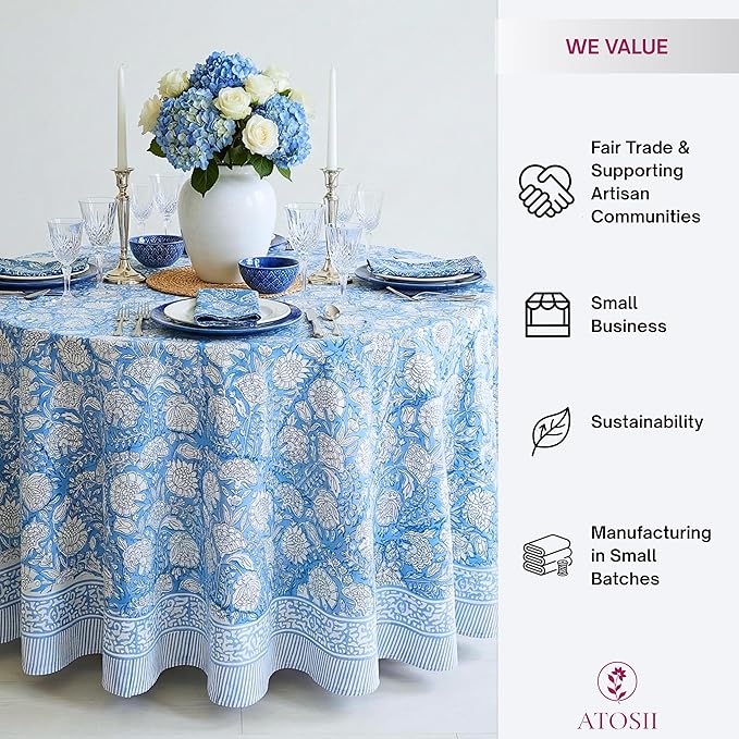 ATOSII Azora Blue 100% Cotton Round Tablecloth, Handblock Print Floral Table Cloth for Kitchen Dining Linen I Parties, Weddings, Outdoors I 90" Inches Round