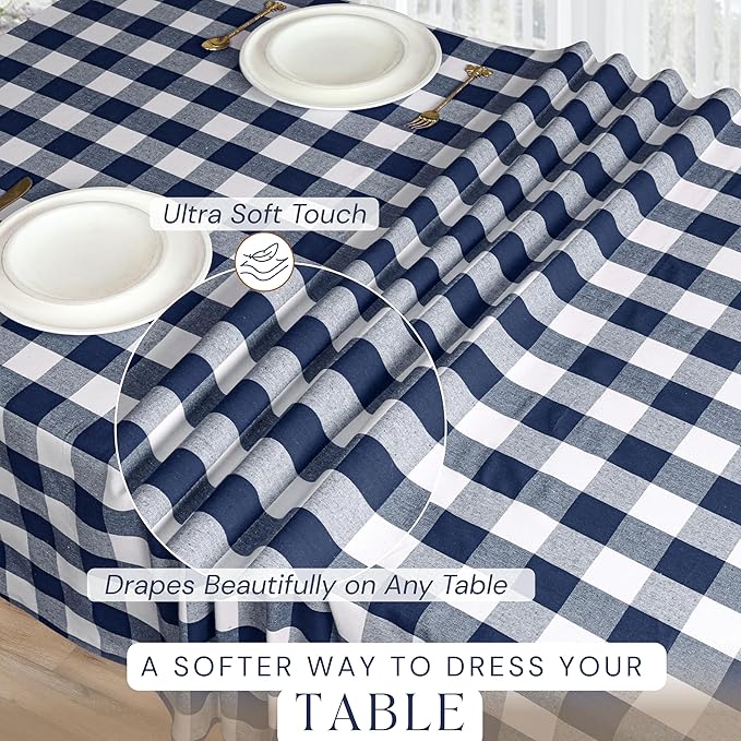 Buffalo Plaid Check 52"x70" Tablecloth 100% Cotton Washable Rustic Rectangle Table Cover Decorative for Gifts, Dining, BBQ, Buffet Parties & Camping - Navy