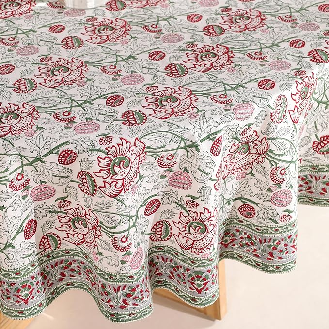 Hand Block Printed Table Cover - Exquisite Design, Premium Cotton Fabric, Perfect for Dining and Decor, Dining Table Linen (Stone Green Blossom, 6 Seater 72 Inches Round)