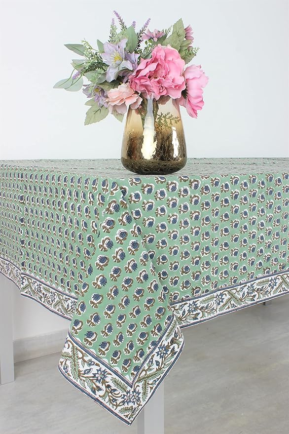 Ridhi Basil Green 60x60 Inches Square 100% Cotton Hand Block Print Tablecloth Washable Halloween Thanksgiving/Christmas Parties/Wedding Use,Fall décor Farmhouse Dining Dinner Tablecloth