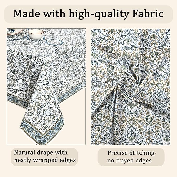 Ridhi Hand Block Print Indigo Rectangle Cotton Tablecloth 90" x 60" Reusable Table Cover Decorative Everyday Use for Dining, Farmhouse, Home Gift for Spring, Easter, Valentine