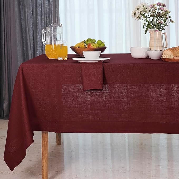 D'Moksha Homes Linen Tablecloth 60 x 120 Inch - 100% Pure Linen Dark Red Table Cloth for Rectangle Tables - Machine Washable Cloth Tablecloth for Valentines, Spring