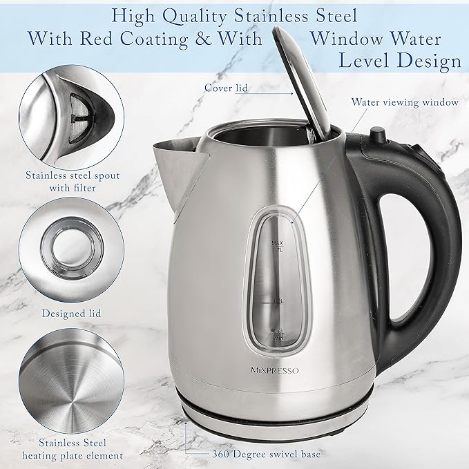 Mixpresso 1.7L Stainless Steel Small Electric Kettle, Cordless 1500w Fast Boiling Pot, Portable Hot Water Electric Tea Kettle With Boil Dry Protection & Auto Shut-Off