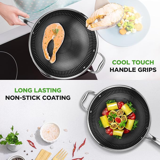 NutriChef 12" Stainless Steel Durable Wok - Triply Kitchenware Wok with Glass Lid, Side Handle - DAKIN Etching Non-Stick Coating, Scratch-resistant Raised-up Honeycomb Fire Textured Pattern