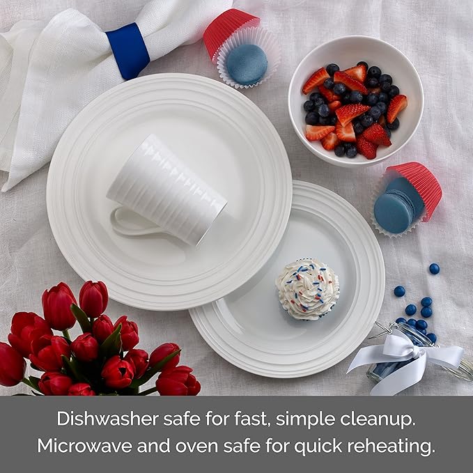 Mikasa Ciara 16 Piece Bone China Dinnerware Set, Service for 4, Lightweight and Durable Plates Bowls and Mugs, Elegant White Dinnerware for Everyday Use