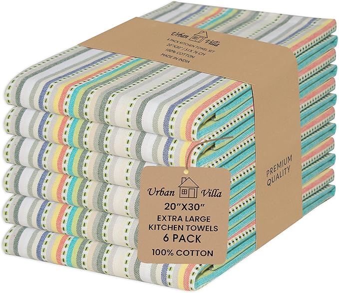 Urban Villa Kitchen Towels Beige Stripes Dish Towels for Kitchen Set of 6 20x30 inches 100% Cotton Highly Absorbent Dish Cloths & Dish Towels with Hanging Loop Bar Hand Tea Towels