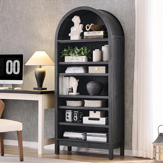 71" Tall Arched Bookshelf, 7 Tiers Arch Bookcase with Storage, Modern Farmhouse Book Shelf with Adjustable Shelves, Wood Bookshelf w/Open Display Shelves for Living Room, Office (Dark Grey)