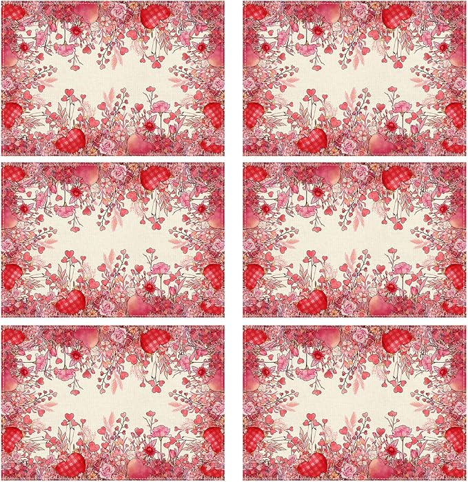 XCHI Wild Flowers Love Hearts Valentine’s Day Placemats Set of 6 Table Mats for Party Home Kitchen Dining Table Decorations 12x18 Inch