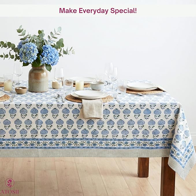 ATOSII Roma Blue 100% Cotton Boho Rectangle Fall Tablecloth, Handblock Floral Print Table Cloth Linen for Kitchen Dining I Parties, Outdoors, Weddings, Christmas, Thanksgiving Decor 60 X 90 Inches