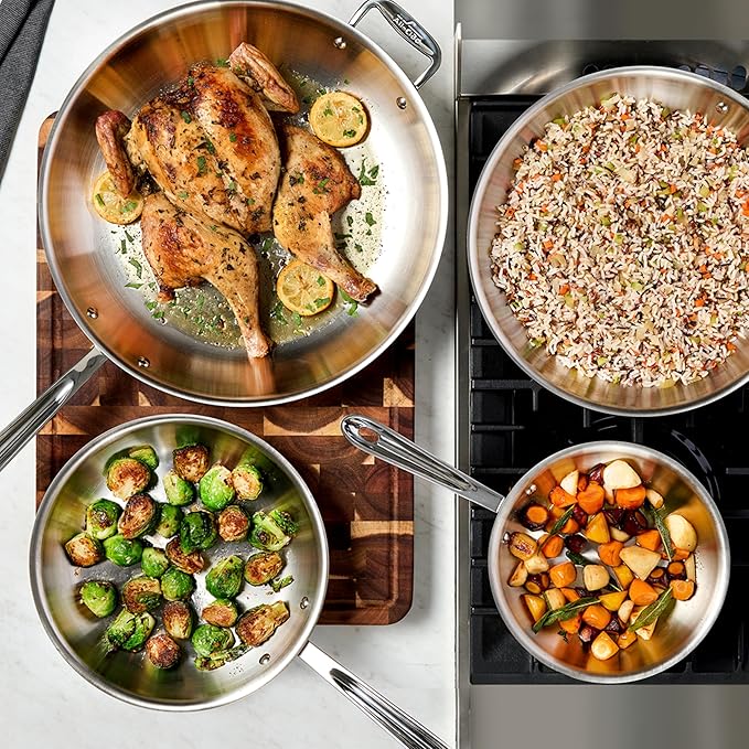 All-Clad D3 12" Stainless Steel Frying pan W/Lid, 3-Ply Stainless Steel Pan, Induction, Oven Broiler Safe 600F Skillet, Professional Cookware, Silver