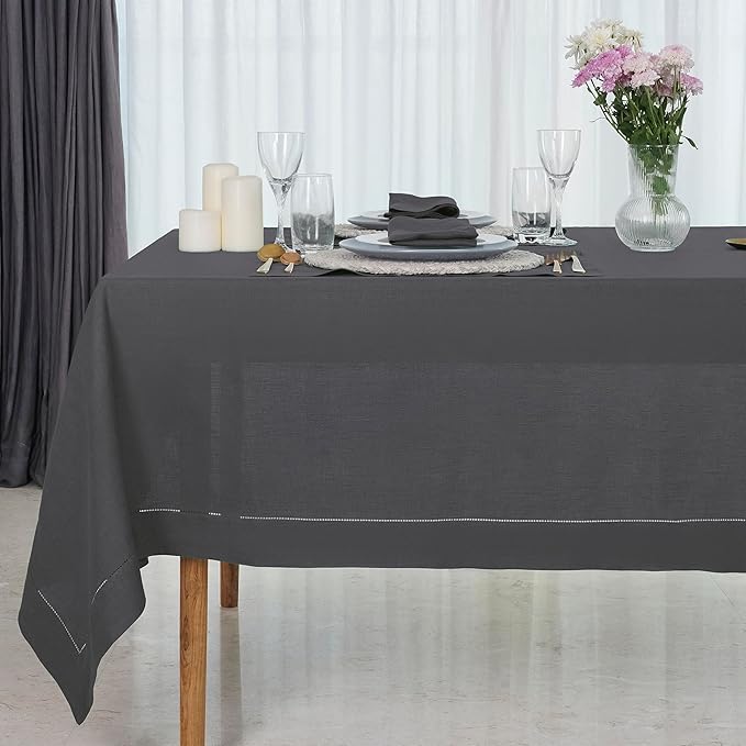 D'Moksha Homes Charcoal Grey Linen Tablecloth 60 x 108 Inch - 100% Pure Linen Grey Table Cloth for Rectangle Tables - Classic Hemstitch, Machine Washable Tablecloth for Spring, Easter
