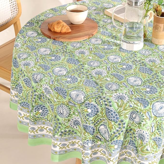 Hand Block Printed Table Cover - Exquisite Design, Premium Cotton Fabric, Perfect for Dining and Decor, Dining Table Linen(Asparagus Green,6 Seater 72 Inches Round)