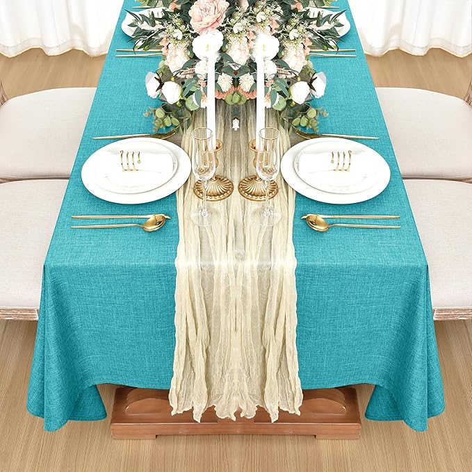 Fitable Faux Linen Tablecloths for Rectangle Tables: Water & Stain Resistant Farmhouse Table Cloth, Washable Burlap Textured Table Covers for Kitchen Dining Party(2 Pack, 60x120 Inch, Teal)