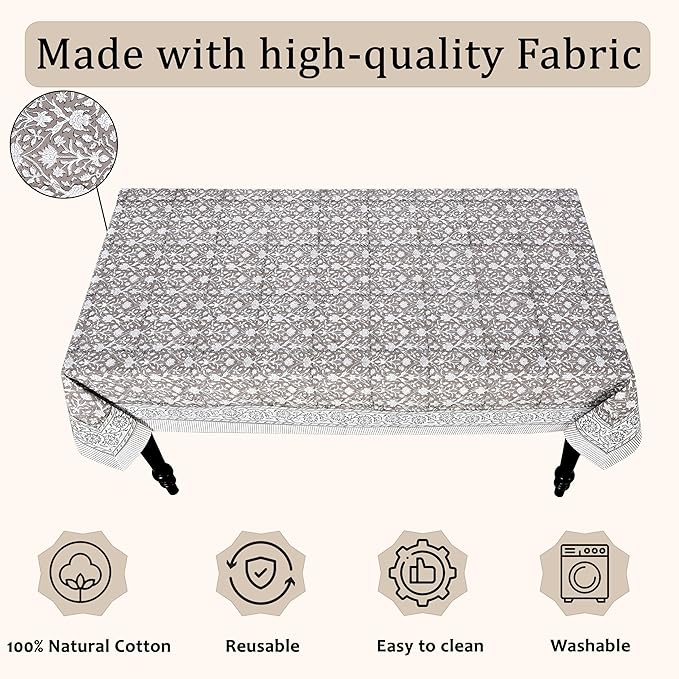 Ridhi Hand Block Print Taupe Rectangle Cotton Tablecloth 190" x 72" Reusable Table Cover Decorative Everyday Use for Dining, Farmhouse, Home Gift for Spring, Easter, Valentine