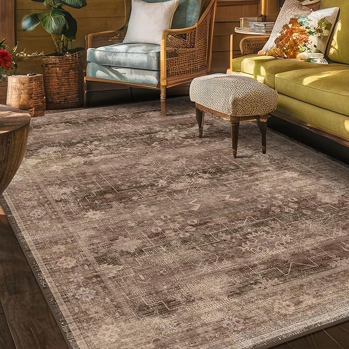 Boho Taupe Brown 5x7 Living Room Rug - Modern Vintage Traditional Oriental Neutral, Washable Low Pile Non-Slip Large Area Rugs for Nursery Dining Under Table