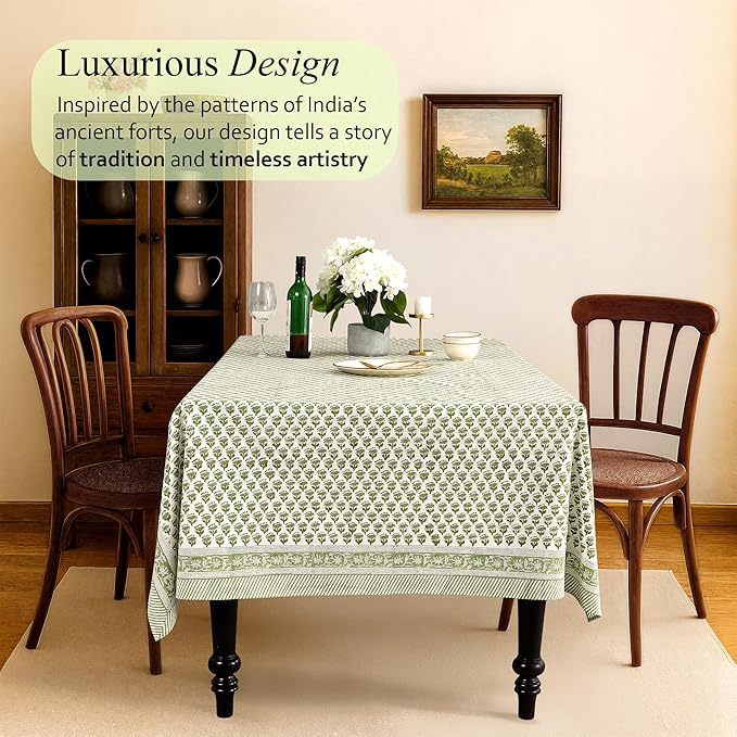 CPC Emerald Green Floral Hand Block Printed 100% Cotton Tablecloth 60x120 Rectangular Reusable and Washable Boho Dining Table Cloth Thanksgiving