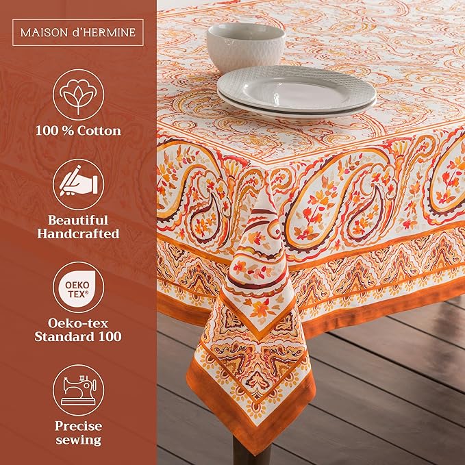 Maison d' Hermine Table Cloth Rectangle Table 100% Cotton 54 x 72 Inches Fall Tablecloth Reusable Everyday Use for Thanksgiving Christmas Decorations Dining Farmhouse Party (Palatial Paisley)