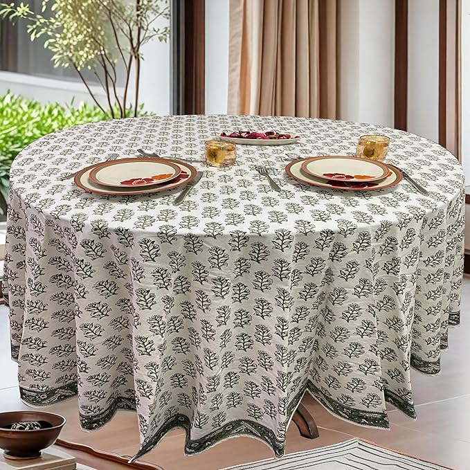 Ridhi Block Print Round Evergreen Reusable Tablecloth 100% Cotton 110" Inch Decorative Table Cover eveyday Dining, Home, Party, Wedding, Farmhouse Gift for Spring, Easter, Valentine