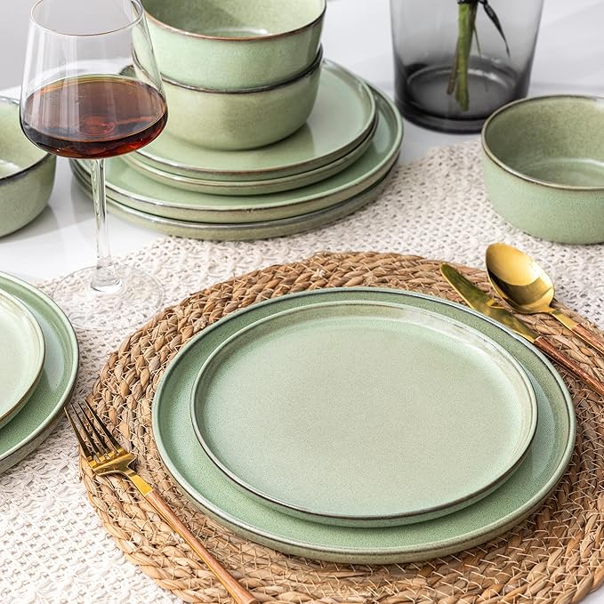 GBHOME Ceramic Dinnerware Sets for 4, 12 Pieces Stoneware Plates and Bowls Sets, Scratch Resistant Dishes, Dishwasher & Microwave Safe-Pastel Green