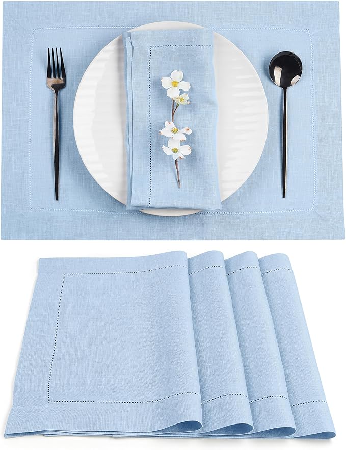 D'Moksha Homes Powder Blue Linen Cloth Placemats Set of 4-100% Pure Linen Hemstitch Placemats 14 x 19 Inch - Classic Hemstitch Table Place Mats for Spring, Easter - Handcrafted and Machine Washable