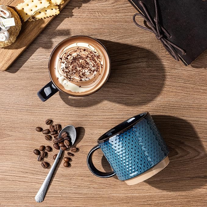 GBhome 15OZ Stackable Coffee Mugs, Ceramic Coffee Mugs with Texture Patterns for Man,Woman,Dad,Mom, Modern Coffee Mugs Set of 4 for Latte/Cappuccino/Cocoa. Dishwasher&Microwave Safe,
