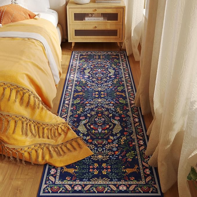 Rugcomf Runner Rug Washable Kitchen Runner 2'6''x8' Runner Rug for Entryway Indoor Floral Non-Slip Soft Carpet Runner for Hallways, Kitchen, Laundry, Bedroom, Bathroom(Blue)